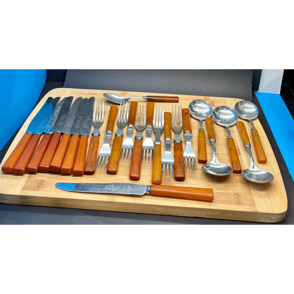 Vintage Bakelite Flatware Set 24 Pc Butterscotch MCM Sheffield Knives Soup Spoon